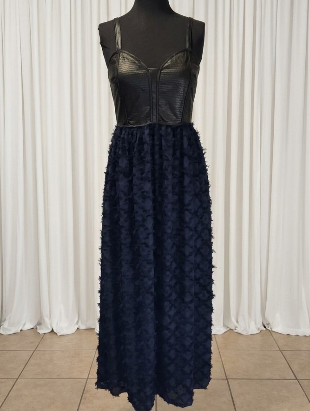 Current Air Black Faux-Leather Bodice Navy Textured Maxi Skirt